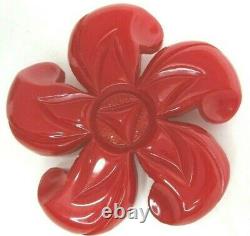 Large Red Carved Bakelite Antique Vintage Flower Pin