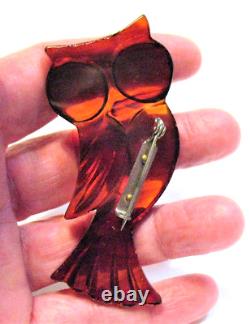 Large Vintage Amber Bakelite Owl Pin Brooch 1 1/4 X 3 Inches