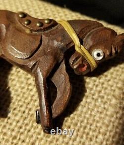 Large Vintage Bakelite Era Carved Wood Horse Pin with Glass Eye and Accents