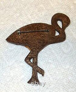 Large Vintage Butterscotch And Wood Carved Flamingo Brooch / Pin