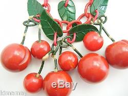 Large Vintage Carved Bakelite Red Cherries And Leaves Pin Brooch