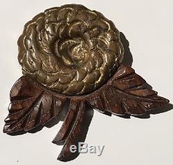 Large Vintage Carved Clad Bakelite Flower & Wood Pin Brooch