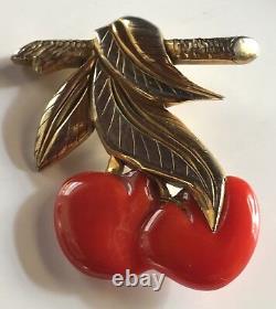 Large Vintage Carved Red Bakelite Embossed Metal Cherries Fruit Pin Brooch