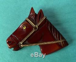 Large Vintage Carved Red Bakelite Horse Pin with Glass Eye Excellent