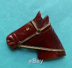 Large Vintage Carved Red Bakelite Horse Pin with Glass Eye Excellent