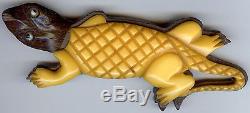 Large Vintage Carved Yellow Bakelite & Wood Lizard Pin Brooch