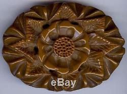 Large Vintage Chunky Deep Carved Ocher Color Bakelite Flower Pin Brooch