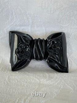Large Vintage Deep Carved Black Bakelite Bow Floral Pin Brooch