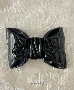 Large Vintage Deep Carved Black Bakelite Bow Floral Pin Brooch