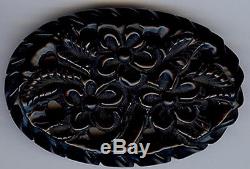 Large Vintage Deep Carved Floral Black Bakelite Pin Brooch