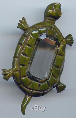 Large Vintage Marbled Green Bakelite With Lucite Center Turtle Pin Brooch