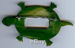 Large Vintage Marbled Green Bakelite With Lucite Center Turtle Pin Brooch