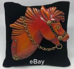 Large vintage red bakelite horse head with bridle detailed animal pin brooch