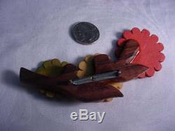 Long Large Vintage Carved Wood Painted Czech Flower PIn