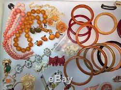 Lot Of Vintage Plastics, Bakelite, Celluloid, Lucite, Bracelets & Necklaces, Pins