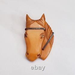 Lot of 2 Vintage Art Deco Carved Butterscotch Bakelite Horse Head Brooch Pins