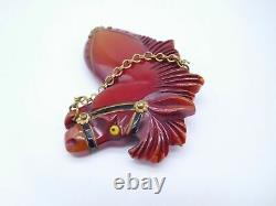 Lovely Antique Red Bakelite Carved Horse Equestrian Pin Brooch
