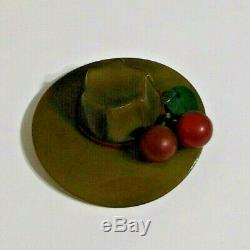 Lovely! Vtg BAKELITE Olive Green HAT Pin/BROOCH Carved SUNDAY Church Rare