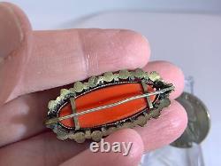 Medallion Oval Orange Coral Bakelite Rare Vintage Gold Brooch Pin V-6767