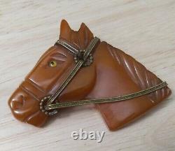 Old Vintage 1930's Bakelite Large Carved HORSE Head Pin Brooch Butterscotch