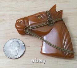 Old Vintage 1930's Bakelite Large Carved HORSE Head Pin Brooch Butterscotch