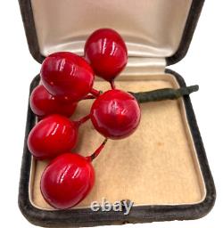 Old Vintage Cherry Cluster Brooch Beautiful Red Bakelite Lrg 4 Pre-wwii Rare