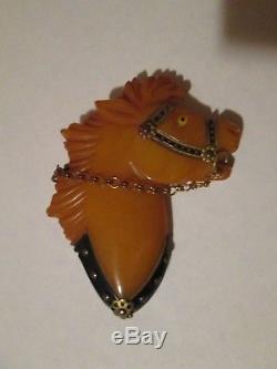 Old Vintage Retro Large Bakelite Butterscotch Equestrian Horse Brooch Pin