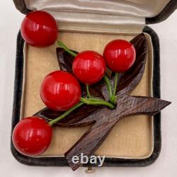 Old Vntg Cherry Cluster Brooch Beautiful Red Bakelite Carved Wood Pre-wwii Rare