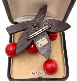 Old Vntg Cherry Cluster Brooch Beautiful Red Bakelite Carved Wood Pre-wwii Rare