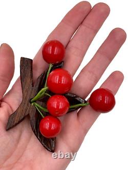 Old Vntg Cherry Cluster Brooch Beautiful Red Bakelite Carved Wood Pre-wwii Rare