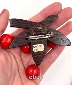 Old Vntg Cherry Cluster Brooch Beautiful Red Bakelite Carved Wood Pre-wwii Rare