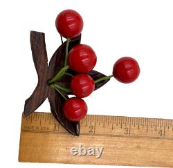 Old Vntg Cherry Cluster Brooch Beautiful Red Bakelite Carved Wood Pre-wwii Rare