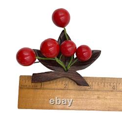 Old Vntg Cherry Cluster Brooch Beautiful Red Bakelite Carved Wood Pre-wwii Rare