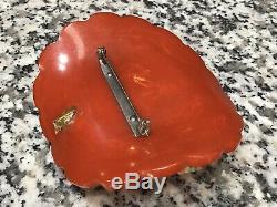 Original 1940s Vintage Red Bakelite Carved Hat Pin with Flowers & Celluloid Bands