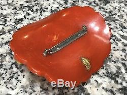 Original 1940s Vintage Red Bakelite Carved Hat Pin with Flowers & Celluloid Bands