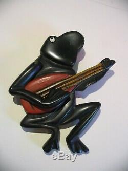 Original Vintage Bakelite Banjo Playing Frog Pin Brooch, Swinging Arm Strumming