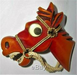 Perfect Bakelite Carved Googly Eye Horse Brooch PIN -2-3/4- 20.6g Book Piece