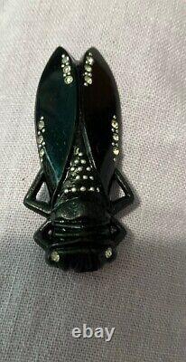 Pin Cicada Bug Vintage Cigale brooch deco Black bling rhinestones galalith