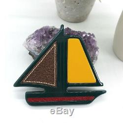 Prada Authentic Vintage 90s Bakelite Leather Sailboat Brooch Pin Green Red NWT