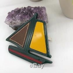 Prada Authentic Vintage 90s Bakelite Leather Sailboat Brooch Pin Green Red NWT