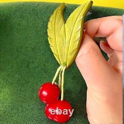 RARE 5 Vintage Bakelite Brooch 3D Cherries with Carved Green Leaves