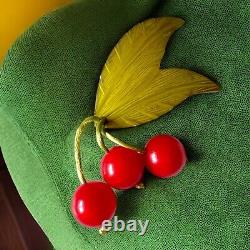 RARE 5 Vintage Bakelite Brooch 3D Cherries with Carved Green Leaves