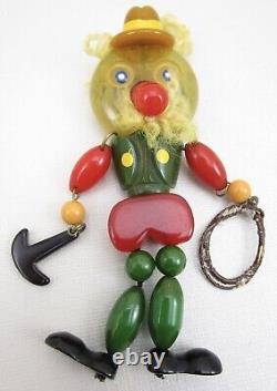 RARE BAKELITE DANGLING JOINTED MOUNTAIN CLIMBER MAN With PICK HAT ROPE BROOCH PIN