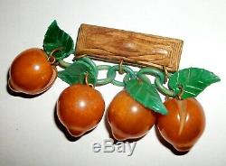 RARE BIG, JUICY Carved PEACHES or APRICOTS Vtg Bakelite DANGLY FRUIT PIN BROOCH