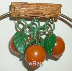 RARE BIG, JUICY Carved PEACHES or APRICOTS Vtg Bakelite DANGLY FRUIT PIN BROOCH
