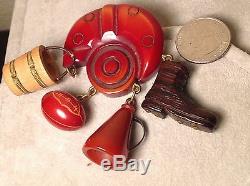 RARE Football Theme RED CARVED BAKELITE BROOCH PIN Vintage