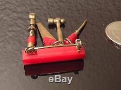 RARE Handyman Tools RED BAKELITE Brooch Pin MOVING PARTS vintage
