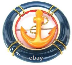 RARE Tri Colored BAKELITE Nautical Theme Anchor Vintage Pin Brooch