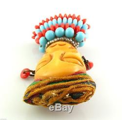 RARE Vintage 1930s BAKELITE Ethnic African Woman Glass Beads & Fabric Brooch PIN