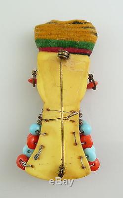 RARE Vintage 1930s BAKELITE Ethnic African Woman Glass Beads & Fabric Brooch PIN